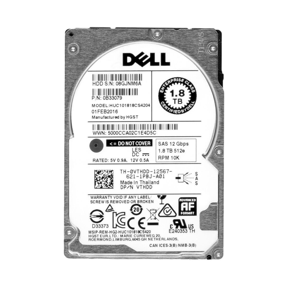 Dell 1.8TB 10K 12G SAS 2.5" HDD 128MB // 0VTHDD / HUC101818CS4204 / 0B33079 (USED) สินค้ารับประกัน โดย บริษัท อะไหล่เซิร์ฟเวอร์ จำกัด