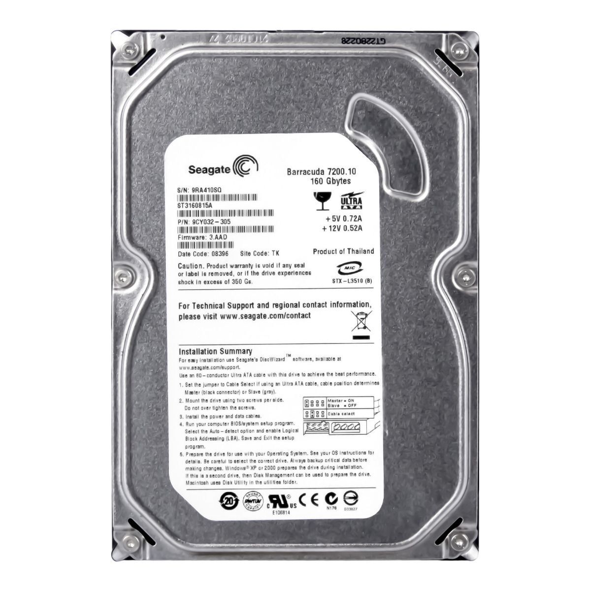 SEAGATE BARRACUDA 160GB 7200U/min 8MB ATA IDE 3.5" Hard Drive // ST3160815A / 9CY032 (Used) // สินค้ารับประกัน โดย บริษัท อะไหล่เซิร์ฟเวอร์ จำกัด