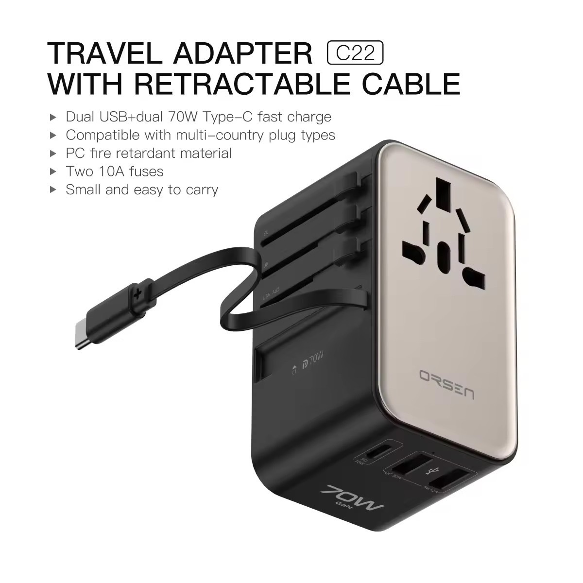 C22 TRAVEL ADAPTER WITH RETRACTABLE CABLE