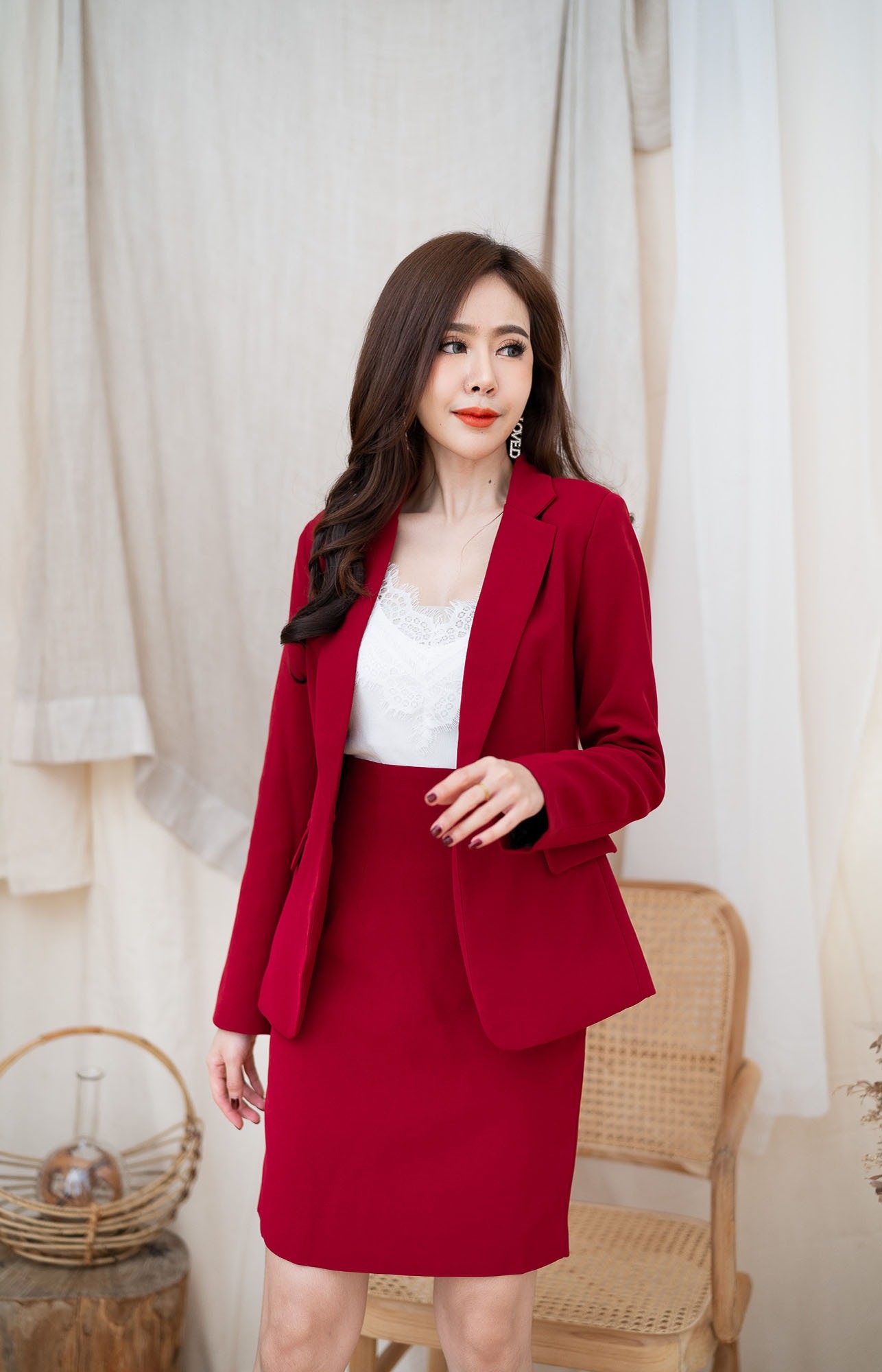 กระโปรงทรงเอสีแดงไวน์/ดำ #1904-1