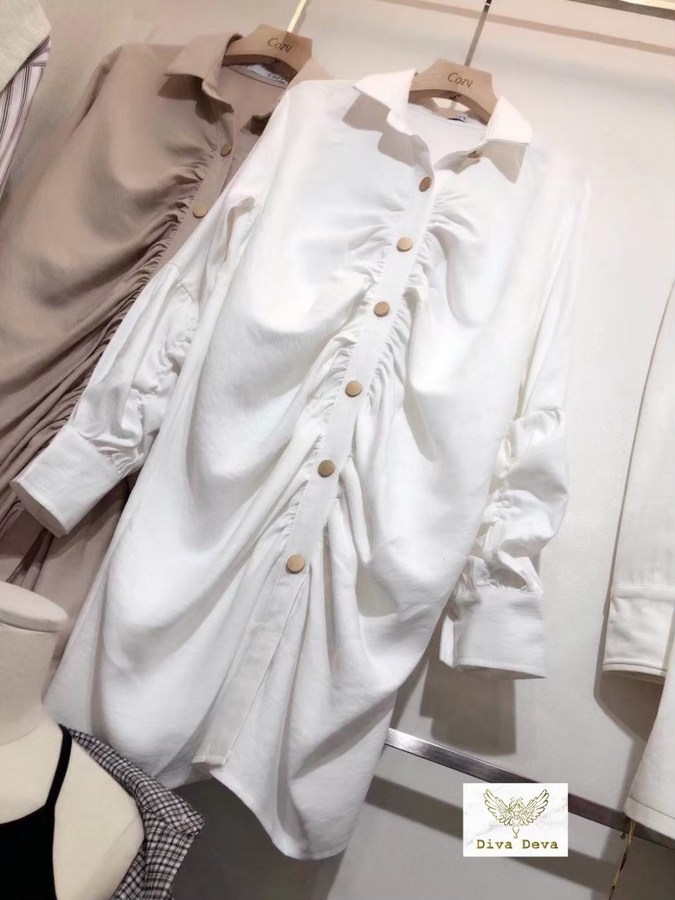 เดรสแขนยาวแฟชั่น เดรสทำงานสวยๆ สีขาว/ดำ/ครีม