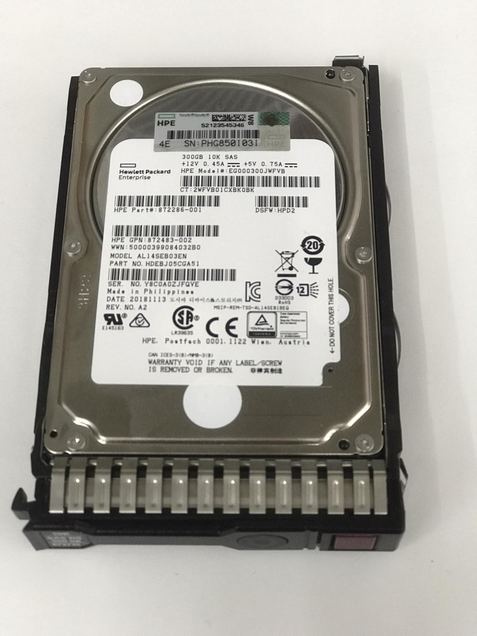 HP 300GB 10K SAS 12G 2.5" Hard Drive HDD SC DS // 872286-001 / GPN 872483-002 / EG000300JWFVB / AL14SEB03EN / Tray 872735 (Used) // สินค้ารับประกัน โดย บริษัท อะไหล่เซิร์ฟเวอร์ จำกัด