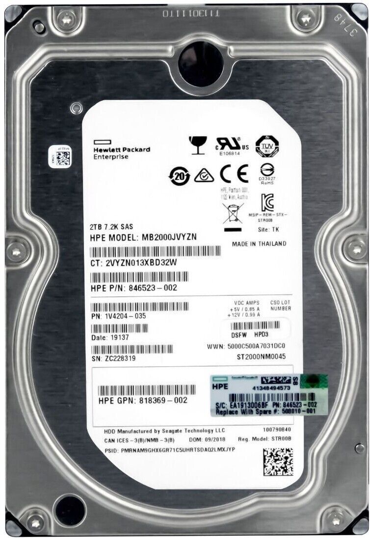 HP 2TB 7.2K SAS 6G RPM 3.5" LFF HDD // 846523-002, GPN 818369-002, MB2000JVYZN, ST2000NM0045 (Used) // สินค้ารับประกัน โดย บริษัท อะไหล่เซิร์ฟเวอร์ จำกัด