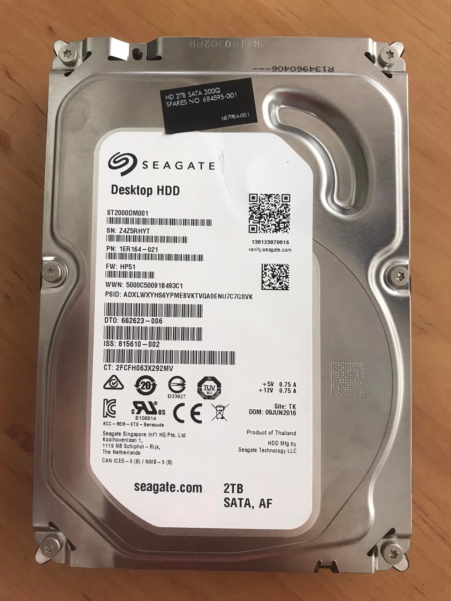 Seagate (HP) 2TB 7.2K Sata 6G HDD LFF 64MB Cache For Z8 G4 Hard Disk // 684595-001 / 687984-001 / ST2000DM001 / (Used) // สินค้ารับประกัน โดย บริษัท อะไหล่เซิร์ฟเวอร์ จำกัด