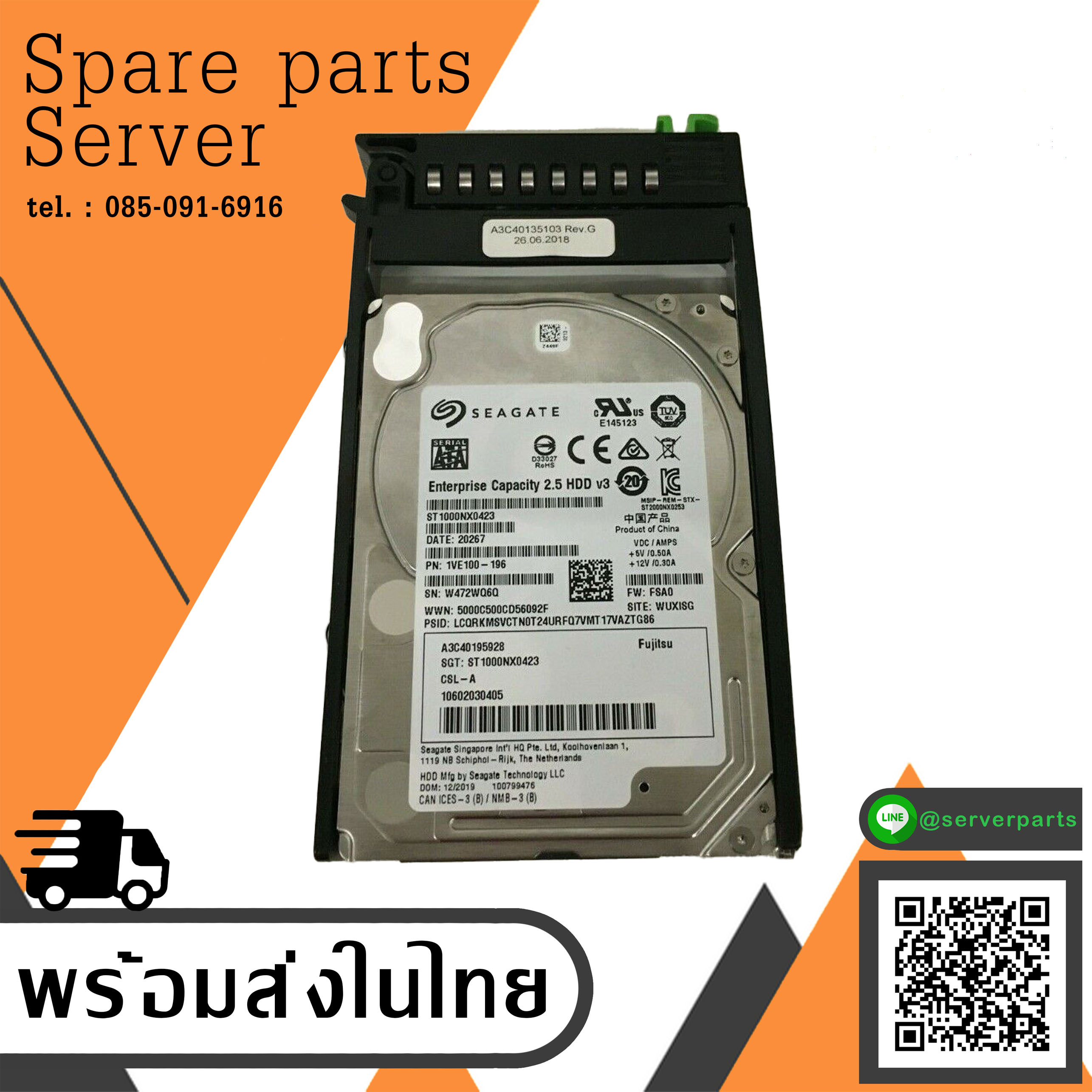 Seagate Enterprise HDD Fujitsu SATA 1TB 2.5" 6Gb/s 7200RP 128MB // ST1000NX0423 / 1VE100-196 / TRAY A3C40101974 (Used) // สินค้ารับประกัน โดย บริษัท อะไหล่เซิร์ฟเวอร์ จำกัด