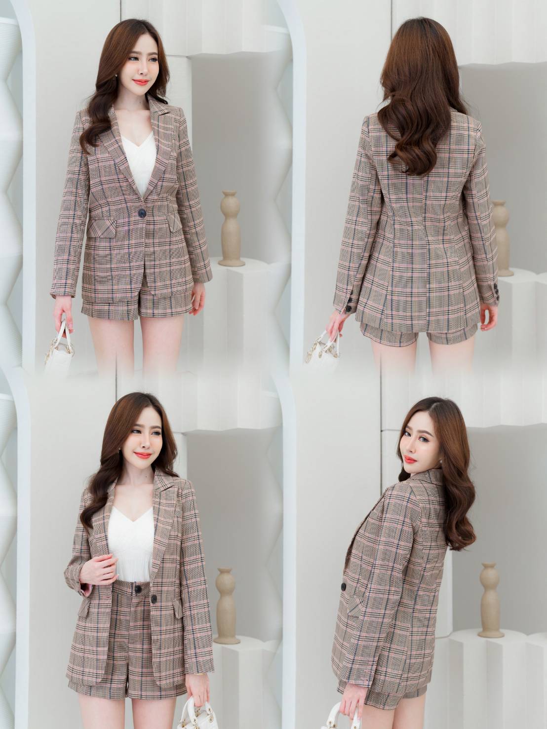 No.2321 ชุดสูทลายสก๊อตชมพู2ชิ้น เสื้อสูท+กางเกงขาสั้น