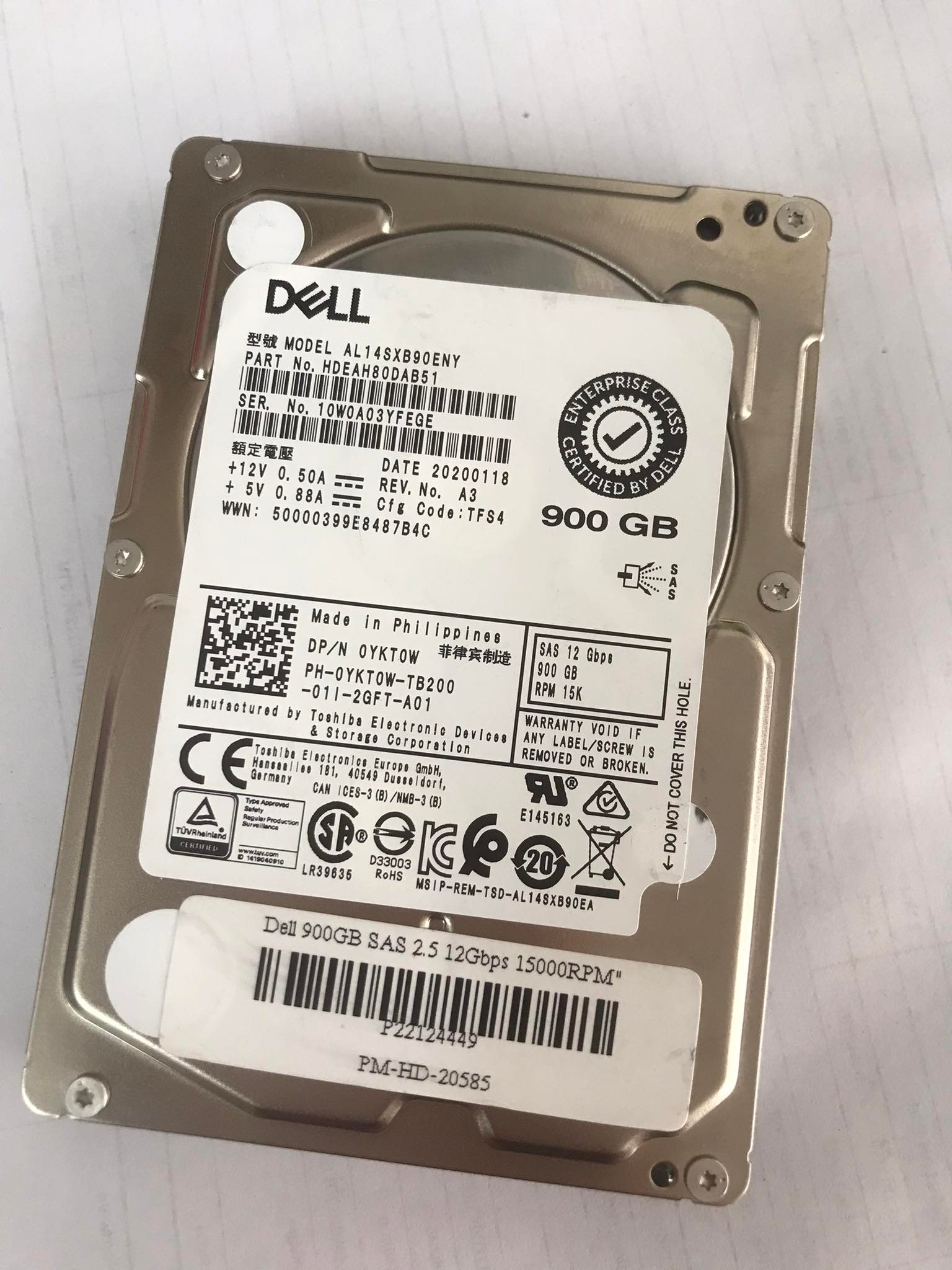 Dell 900GB 15K 12G SAS 2.5'' HDD HARD DRIVE / AL14SXB90ENY / 0YKT0W / YKT0W // สินค้ารับประกัน โดย บริษัท อะไหล่เซิร์ฟเวอร์ จำกัด