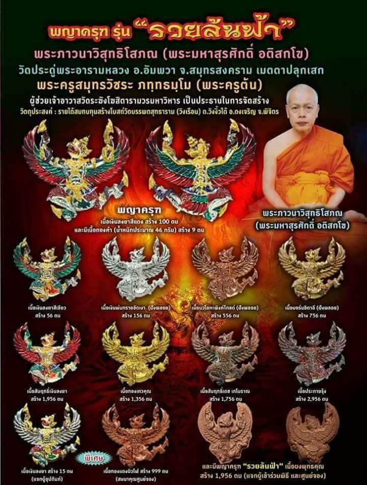 พญาครุฑ รุ่นรวยล้นฟ้า พระมหาสุรศักดิ์ วัดประดู่พระอารามหลวง จ.สมุทรสงคราม. เนื้อสัมฤทธิ์เงินลงยา ปี 2560