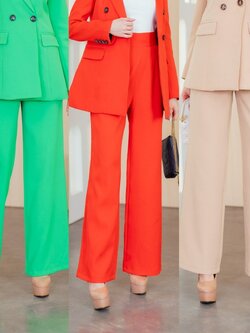 No.2259-2 กางเกงทำงานเอวสูงขากระบอกใหญ่ สีแดงสด/เบจ/เขียวเข้ม