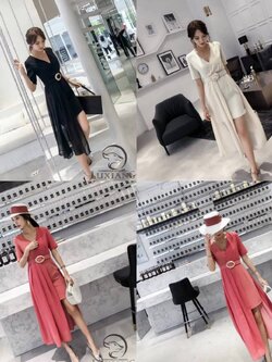 เดรสชีฟองเข็มขัดหน้าสั้นหลังยาว IM3970