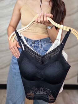 เสื้อสายเดี่ยวผู้หญิง ลายนูนลูกไม้ สายปรับระดับได้ น้ำตาล/ดำ/ขาว