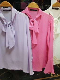 9001 Kim Shirt แขนระบาย ขาว/ม่วง/ชมพู (FreeSize)