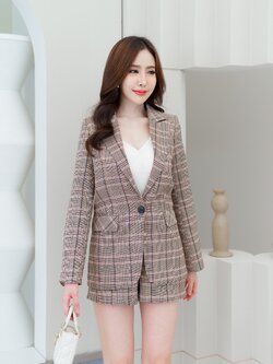 No.2321 ชุดสูทลายสก๊อตชมพู2ชิ้น เสื้อสูท+กางเกงขาสั้น