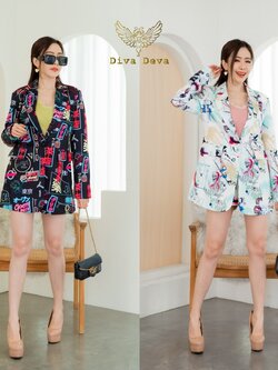 ชุดสูทผู้หญิงขาสั้น สีขาว/สีดำ No.2201